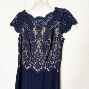 Tadashi Shoji Lace Crepe Sheath Long Dress Mother of the Bride Modest Navy 8
